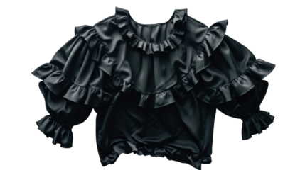 Elegant black blouse with ruffles isolated on transparent background