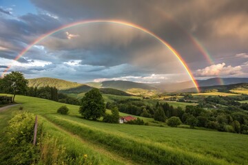 Naklejka premium Colorful Rainbow Arcs Across Lush Green Landscape Generative AI