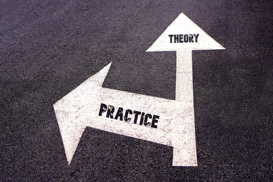 theory and practice concepts. words written on a road sign with arrows indicating different paths indicating the disjunction between the two concepts.