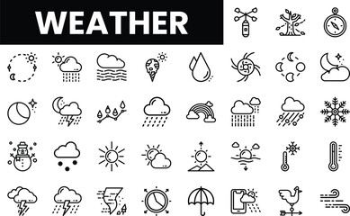 Various weather icons including sun, rain, and snow in a clean, minimalist style.