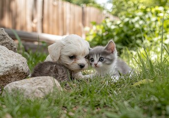 On a vibrant green lawn, a White Swiss Shepherd pup and a small kitten engage in a delightful game of chase and fun