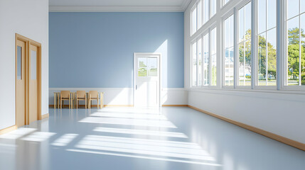Bright Sunlit Hallway With Light Blue Walls