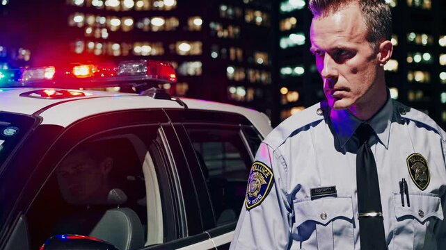 Serious police officer standing next to a patrol car with flashing red and blue lights at night. Urban law enforcement scene with illuminated skyscrapers in the background.