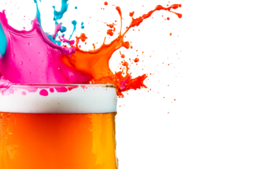 Colorful drink splash in beer glass, abstract, dynamic, vibrant, cut out transparent
