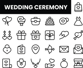 Icon set depicting elements of a wedding ceremony with a romantic theme.