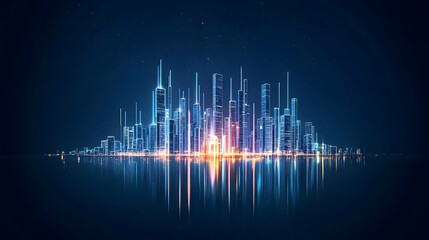 Abstract Illuminated City Skyline At Night With Blue And Orange Lights Reflecting On Water Surface
