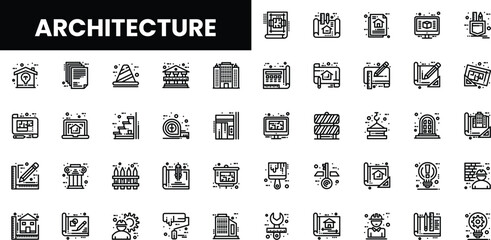 A collection of diverse architectural icons representing various styles and structures.