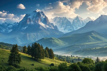 Fototapeta premium Stunning Mountain Landscape With Lush Greenery and Peaks Generative AI