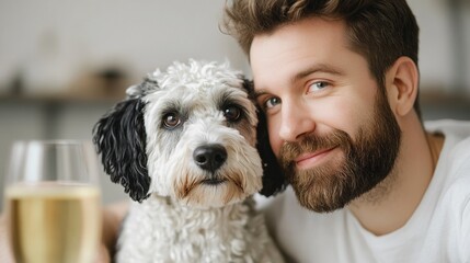 National Pet Day, Happy Man and his Adorable Fluffy Dog Close Up Portrait