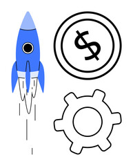 Blue rocket launch, black dollar sign, and gear symbolizing growth, innovation, financial success, and productivity. Ideal for business, startup, progress finance technology teamwork flat simple