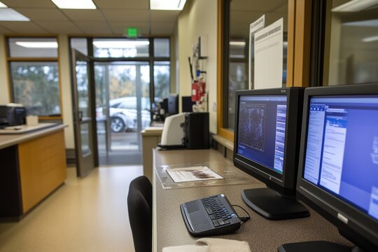 Workspace with computers displaying data analysis, likely in a research or laboratory setting. - Powered by Adobe