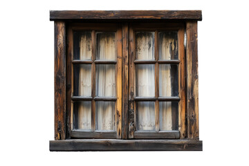 A weathered wooden window, a silent storyteller of bygone eras, revealing glimpses of faded curtains and dusty panes in rustic charm.