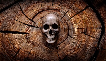 Skull shape subtly hidden in the natural tree ring pattern of a freshly cut log, a symbolic and artistic visual perfect for environmental themes, dark concept designs, nature metaphors, and creative s