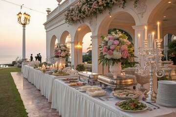 Elegant Outdoor Buffet Setup for a Special Evening Celebration Generative AI