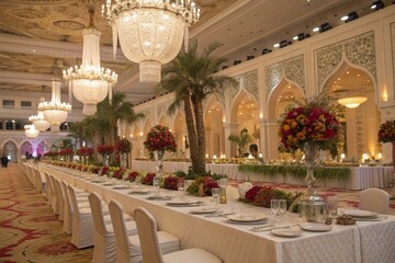 Elegant Banquet Setup in Ornate Hall With Floral Decor Generative AI