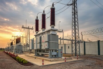 Electrical Substation at Sunset With Vibrant Sky Generative AI