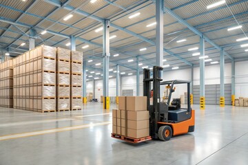 Modern Warehouse With a Forklift Moving Boxes in Daylight Generative AI