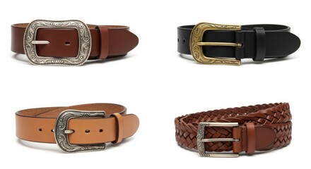 Assortment of Fashionable Leather Belts with Decorative Buckles on White Backdrop