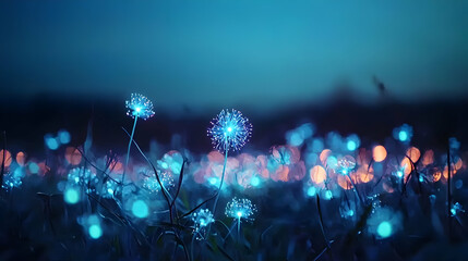Glowing Dandelions In A Field At Night