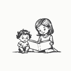 Little girl is reading a book silhouette love reading kids reading books. Illustration of the kids reading on a white background
