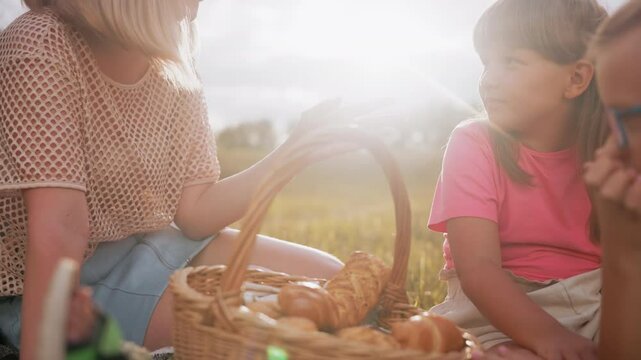 Close-up of mother and children seated outdoors for a picnic, woman with a bandaged hand reaches for a snack from a basket as someone passes by