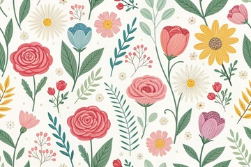 Fototapeta premium Colorful Floral Pattern Featuring Various Flowers and Leaves Generative AI