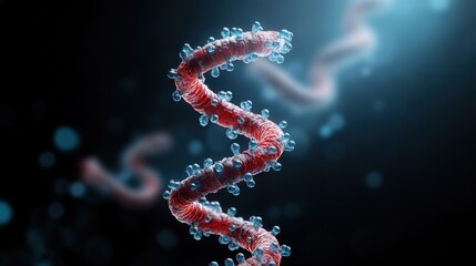 A glowing DNA double helix structure with detailed base pairs highlighted, representing genetic information, biotechnology, and molecular biology research, set against a dark background