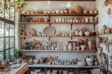  beautiful pottery studio filled with handcrafted ceramic pieces, warm lighting, and wooden shelves. A perfect space for creative artisans