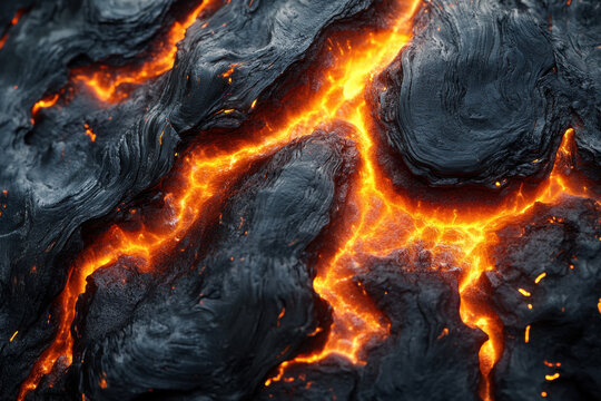 Close up: Black and orange fire dancing fiercely, casting a mesmerizing glow against the dark night sky. Flares of intensity and passion captured in a dramatic display.