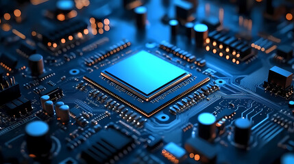 Close-up of a blue chip on a circuit board