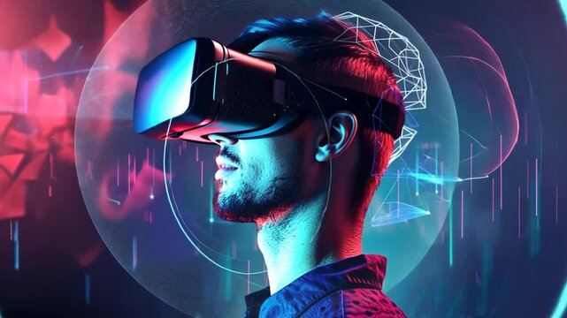 Mann mit VR Brille erlebt virtuelle Realit&auml;t in Cyber-Umgebung