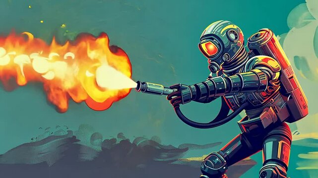 Futuristischer Soldat mit Flammenwerfer in epischer Sci-Fi Landschaft