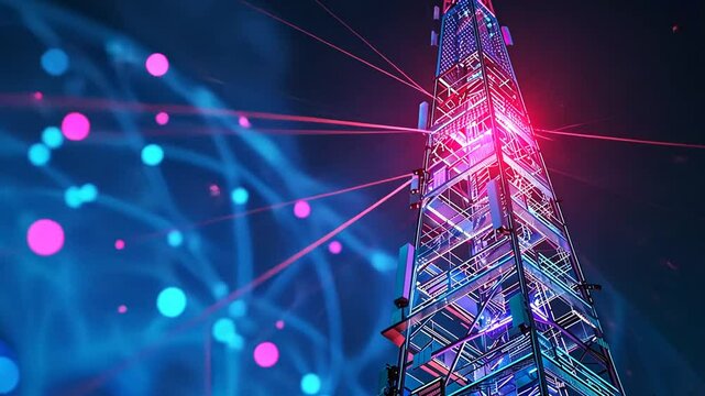 Leuchtender digitaler Kommunikationsmast mit Datenstr&ouml;men