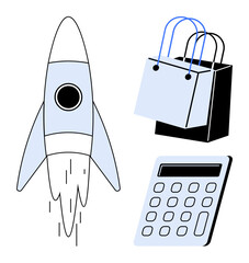 Rocket launching, shopping bags, and calculator represent innovation, e-commerce, and finance. Ideal for startup strategies, online shopping, financial planning, growth entrepreneurship technology