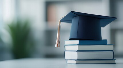 A graduation cap placed on top of a stack of books, symbolizing the value of knowledge, education, and academic achievement, illustrating graduation, student accomplishments, and lifelong learning