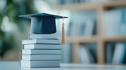 A graduation cap placed on top of a stack of books, symbolizing the value of knowledge, education, and academic achievement, illustrating graduation, student accomplishments, and lifelong learning