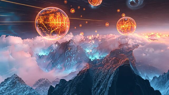 Leuchtende digitale Kugeln schweben in einer futuristischen Umgebung