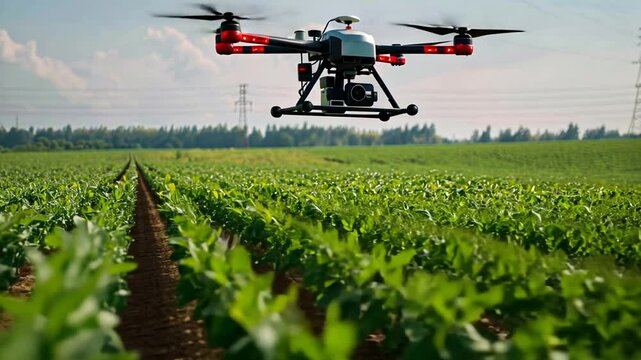 Moderne Drohne &uuml;berwacht landwirtschaftliche Felder f&uuml;r Smart Farming