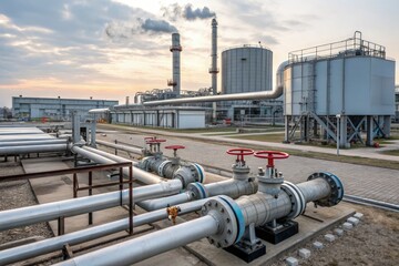 Industrial Facility With Pipelines and Storage Tanks at Sunset Generative AI