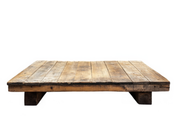 Rustic weathered wooden platform, a sturdy, aged surface perfect for showcasing products or creating a vintage display against a clean white backdrop.