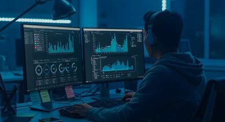 Data analyst works late at night in a modern office analyzing graphs and trends