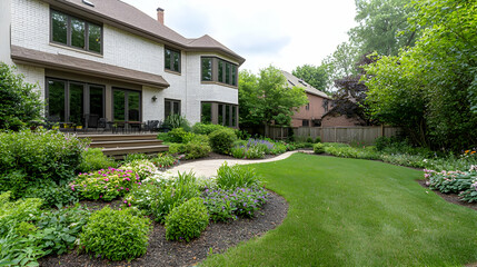 Fototapeta premium Exterior View of a Two Story White House with Lush Green Garden and Pathway on a Sunny Day