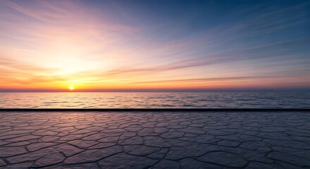 A minimalist outdoor patio space with a smooth stone floor and a gentle sunset glow, Ai Generated