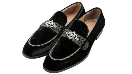 Pair of stylish black velvet loafers with silver buckle on transparent background