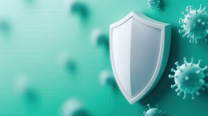 Shield icon surrounded by floating virus particles, symbolizing strong immune protection against infections, with a soft teal gradient background emphasizing health and defense, banner