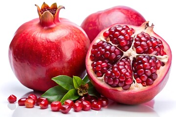 A close-up of a red pomegranate cut open, revealing its juicy seeds. A whole pomegranate sits beside it, with several seeds scattered on the white background.