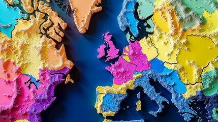 A 3D map of Europe with different colored continents