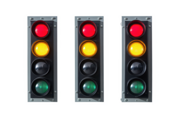 Triple traffic lights standing tall, a silent command of stop, slow, and go, reflecting the rhythm of city life in sharp focus against a pure white backdrop.