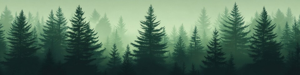Fototapeta premium Serene dense forest of evergreen pine trees under soft green haze. Background design template. Design for prints, poster, cover, wall arts and home decoration
