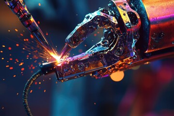 Robotic arm welding with sparks, showcasing advanced automation technology and precision.